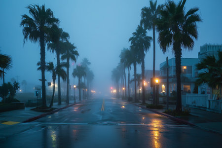 A quiet street is shrouded in dense fog, with palm trees lining the road. Soft light glows from a streetlamp, creating a serene morning atmosphere in the neighborhood.の素材