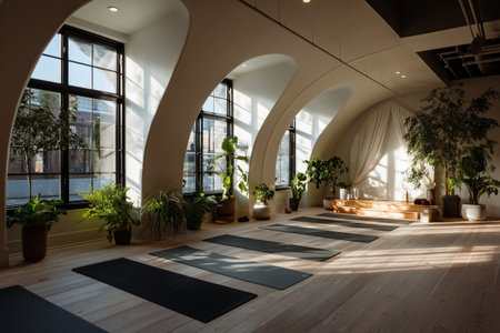 Morning light filters through large windows in a peaceful yoga studio. Yoga mats are spaced evenly on the floor among lush plants, creating a tranquil atmosphere for practice.の素材