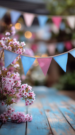 Brightly colored bunting hangs above delicate pink flowers, adding a cheerful touch to a lovely outdoor space filled with greenery. The scene is inviting and charming.の素材