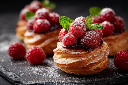 Delicate pastries are filled with berry jam and topped with fresh raspberries and mint leaves.の素材