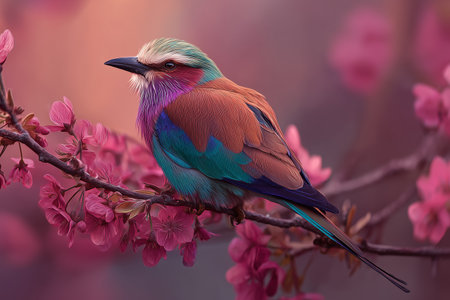 A vibrant bird with striking colors sits on a branch among blooming pink flowers, creating a peaceful and beautiful scene in nature.の素材