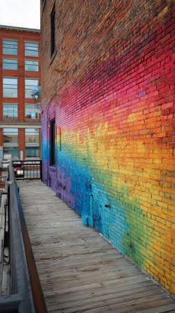 A bright rainbow mural covers a brick wall in an urban alleyway. Wooden decking leads along the wall, showing colorful artwork in a lively downtown setting on a clear day.の素材