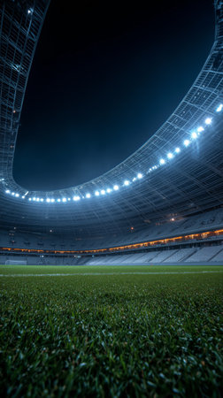 A modern stadium illuminated by bright lights at night. The spacious seating area and lush green field create an inviting atmosphere for future events.の素材