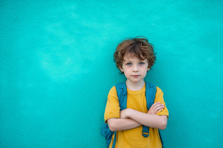 A boy stands with his arms crossed, wearing a yellow shirt and blue backpack. He poses against a vivid turquoise wall, showing a confident expression and enjoying the moment.の素材