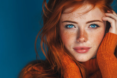 Young woman with vibrant red hair and striking blue eyes poses for a close-up portrait, highlighting her freckles and natural beauty against a dark background.の素材