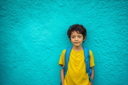 A child with curly hair and a yellow shirt poses confidently in front of a vivid blue wall. He carries a backpack, showing his readiness for the day ahead.の素材