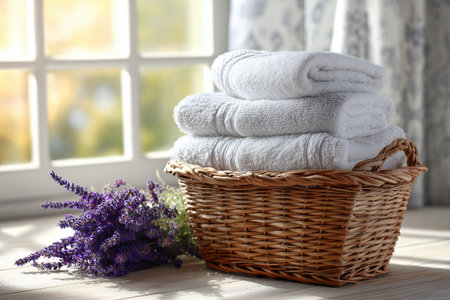 Soft, white towels lie neatly in a woven basket next to a bunch of vibrant lavender flowers, creating a soothing scene in bright sunlight.の素材