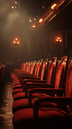 The scene captures rows of red velvet chairs arranged neatly in a dim theater, with warm lights enhancing the inviting ambiance, waiting for a performance to begin.の素材