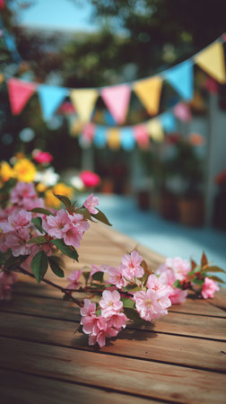 Bright and cheerful spring scene featuring colorful bunting hanging above delicate cherry blossoms on a wooden table. The background shows blurred greenery, enhancing the festive feel.の素材
