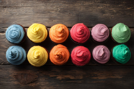 A row of twelve vibrant cupcakes with swirled frosting sits on a rustic wooden table. Each cupcake boasts a distinct color, creating a cheerful and inviting scene.の素材