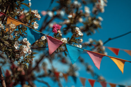 Colorful triangular bunting hangs between branches of a flowering tree. The scene captures the vibrancy of spring, with bright flags contrasting against blue sky and blossoms.の素材