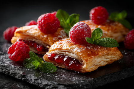 Delicate pastries are filled with berry jam and topped with fresh raspberries and mint leaves.の素材