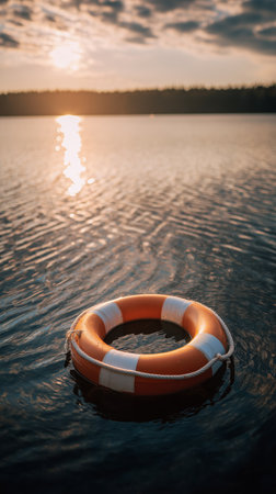 A lifebuoy with orange and white stripes gently floats on the surface of calm water. Sunlight sparkles on the ripping water, creating a serene scene.の素材