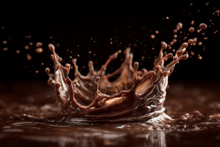 Chocolate droplets rise dramatically from the surface, creating a beautiful splash effect. This moment captures the appeal of rich textures and smooth tones in gourmet cooking.の素材