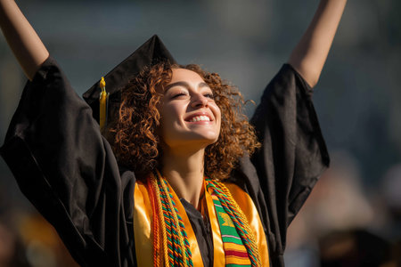 A young woman in a graduation gown and a colorful sash smiles broadly as she celebrates her achievement. The ceremony takes place outdoors under a clear blue sky.の素材