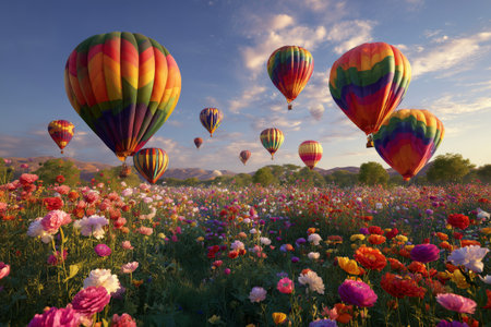 Hot air balloons in bright colors fill the morning sky above a lush field of blooming flowers. The scene captures the beauty of nature and the joy of flight during sunrise.の素材