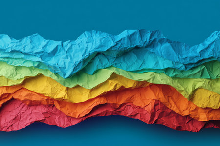 Crumpled paper layers in bright colors of blue, green, yellow, orange, and red are arranged in waves against a blue background, highlighting their texture and vibrancy.の素材