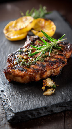 A beautifully grilled pork chop rests on a dark slate plate, garnished with fresh herbs, lemon slices, and grilled onions, showing a delicious meal ready to be served.の素材
