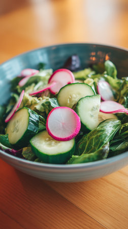Crisp greens are combined with sliced cucumbers and radishes in a rustic bowl. This salad highlights fresh, healthy ingredients perfect for a light meal or side dish.の素材