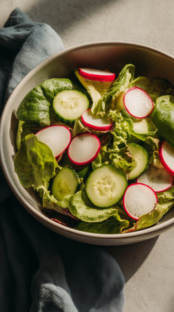 A vibrant bowl of salad featuring crisp cucumbers, sliced radishes, and fresh greens sits on a light surface.の素材