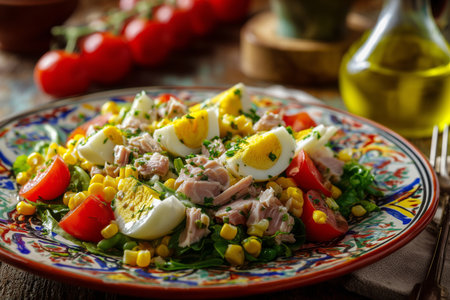 A vibrant salad featuring tuna, boiled eggs, cherry tomatoes, and corn is elegantly arranged on a decorative plate. Fresh ingredients highlight a warm, inviting kitchen atmosphere.の素材