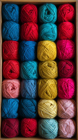 A wooden box contains several balls of yarn in vibrant colors, including red, blue, yellow, and pink.の素材