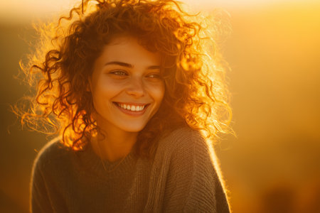A young woman with curly hair smiles brightly while standing in a field at sunset. The warm golden light creates a joyful atmosphere as the day comes to a close.の素材