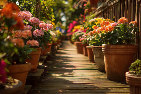 A lively path in a garden showcases various flowers in colorful pots. Warm sunlight filters through, enhancing the vibrant hues of the blooms in a peaceful atmosphere.の素材