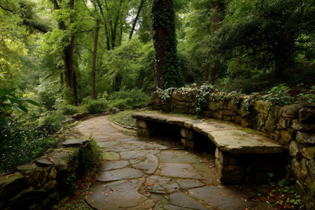 A serene stone bench sits along a winding path in a vibrant green forest. Sunlight filters through the trees, creating a peaceful atmosphere for visitors.の素材