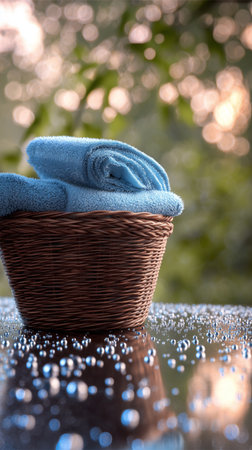 Blue towels are neatly arranged in a woven basket, placed on a reflective surface with sparkling water droplets in a serene outdoor environment during daylight.の素材