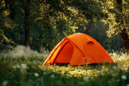 An orange tent is pitched on lush green grass surrounded by trees in a tranquil forest. Sunlight filters through the leaves, creating a warm and inviting atmosphere.の素材