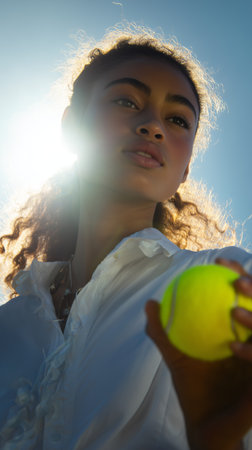 A young woman stands outdoors with a tennis ball in hand. Sunlight shines behind her, highlighting her focused expression as she prepares for her next move in a game.の素材