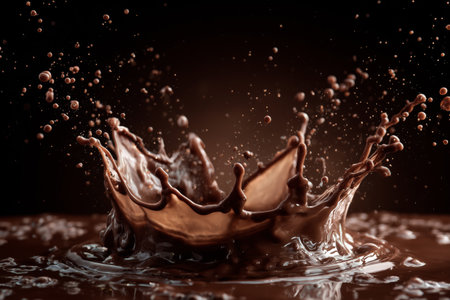 A rich chocolate splash intricate forms patterns against a dark background, capturing the fluid movement of the liquid as it splatters and dances.の素材