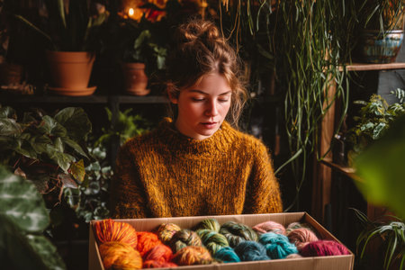 A young woman carefully examines vibrant yarn while sitting in a warm, cozy environment filled with plants. Sunlight filters through, creating a relaxing atmosphere.の素材