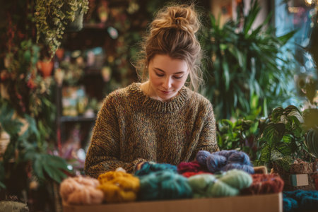 A young woman in a cozy sweater looks thoughtfully at vibrant yarn in a craft store filled with greenery. The atmosphere is warm and inviting, perfect for autumn creativity.の素材