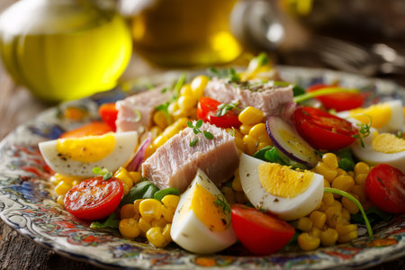 A vibrant salad featuring tuna, boiled eggs, cherry tomatoes, and corn is elegantly arranged on a decorative plate. Fresh ingredients highlight a warm, inviting kitchen atmosphere.の素材