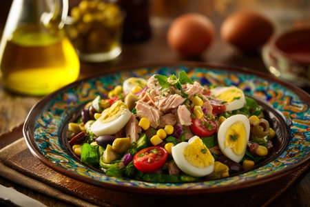 A vibrant salad featuring tuna, hard-boiled eggs, cherry tomatoes, corn, and greens is placed on a colorful plate. The rustic background includes olive oil and eggs.の素材