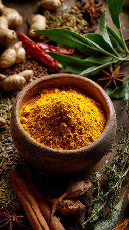 Turmeric powder fills a wooden bowl, surrounded by various spices and herbs like ginger, red chilies, and bay leaves.の素材