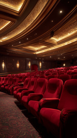 Plush red chairs fill a stylish cinema hall, designed for comfort and luxury. Soft lighting creates a warm atmosphere, perfect for enjoying a great film in the evening.の素材