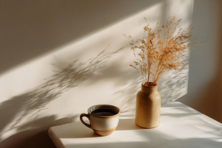 A warm cup of coffee sits next to a stylish vase filled with dried flowers, capturing the gentle light and shadows in a cozy indoor setting during the afternoon.の素材