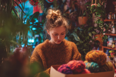 A young woman carefully examines vibrant yarn while sitting in a warm, cozy environment filled with plants. Sunlight filters through, creating a relaxing atmosphere.の素材