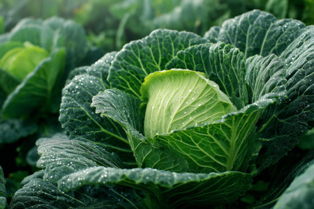 A close-up view of vibrant green cabbage leaves in a garden. Raindrops sparkle on the leaves as sunlight breaks through, creating a serene morning atmosphere.の素材