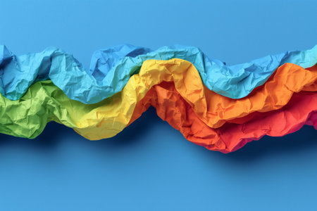 Crumpled paper layers in bright colors of blue, green, yellow, orange, and red are arranged in waves against a blue background, highlighting their texture and vibrancy.の素材