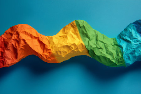 Crumpled sheets of paper in rainbow colors are arranged in waves, creating a lively composition against a solid blue backdrop. The texture and colors add depth and interest.の素材
