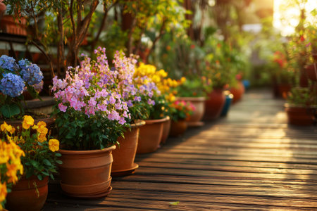 A lively path in a garden showcases various flowers in colorful pots. Warm sunlight filters through, enhancing the vibrant hues of the blooms in a peaceful atmosphere.の素材