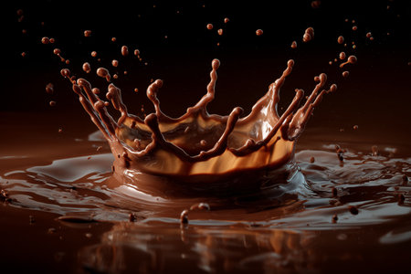 A rich chocolate splash intricate forms patterns against a dark background, capturing the fluid movement of the liquid as it splatters and dances.の素材
