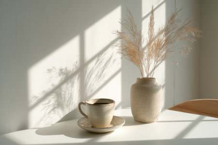 A simple coffee cup on a saucer sits next to a vase filled with dried flowers. Morning light casts gentle shadows on the surface, creating a calming atmosphere.の素材