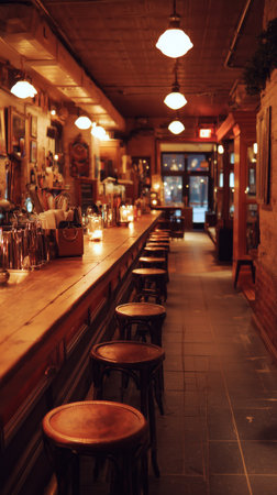 Soft lighting fills a bar with wooden stools and a long counter. Artistic paintings decorate the walls, creating a warm and inviting atmosphere for evening relaxation and socializing.の素材