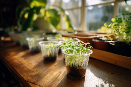 Small green seedlings are growing in clear plastic cups on a wooden table. Sunlight streams through the window, creating a warm atmosphere in the room.の素材