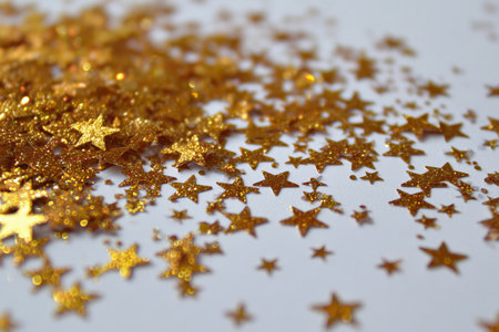 Small gold star confetti is spread widely over a light surface, creating a sparkling effect perfect for parties and celebrations. The festive theme adds joy to any gathering.の素材